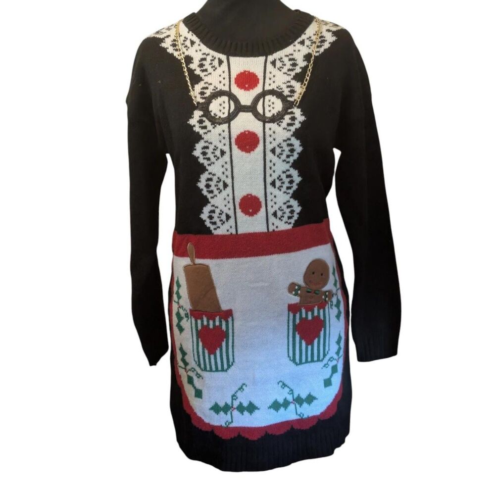 New Directions Petite Festive Gingerbread Ugly Christmas Sweater Dress, Size PM